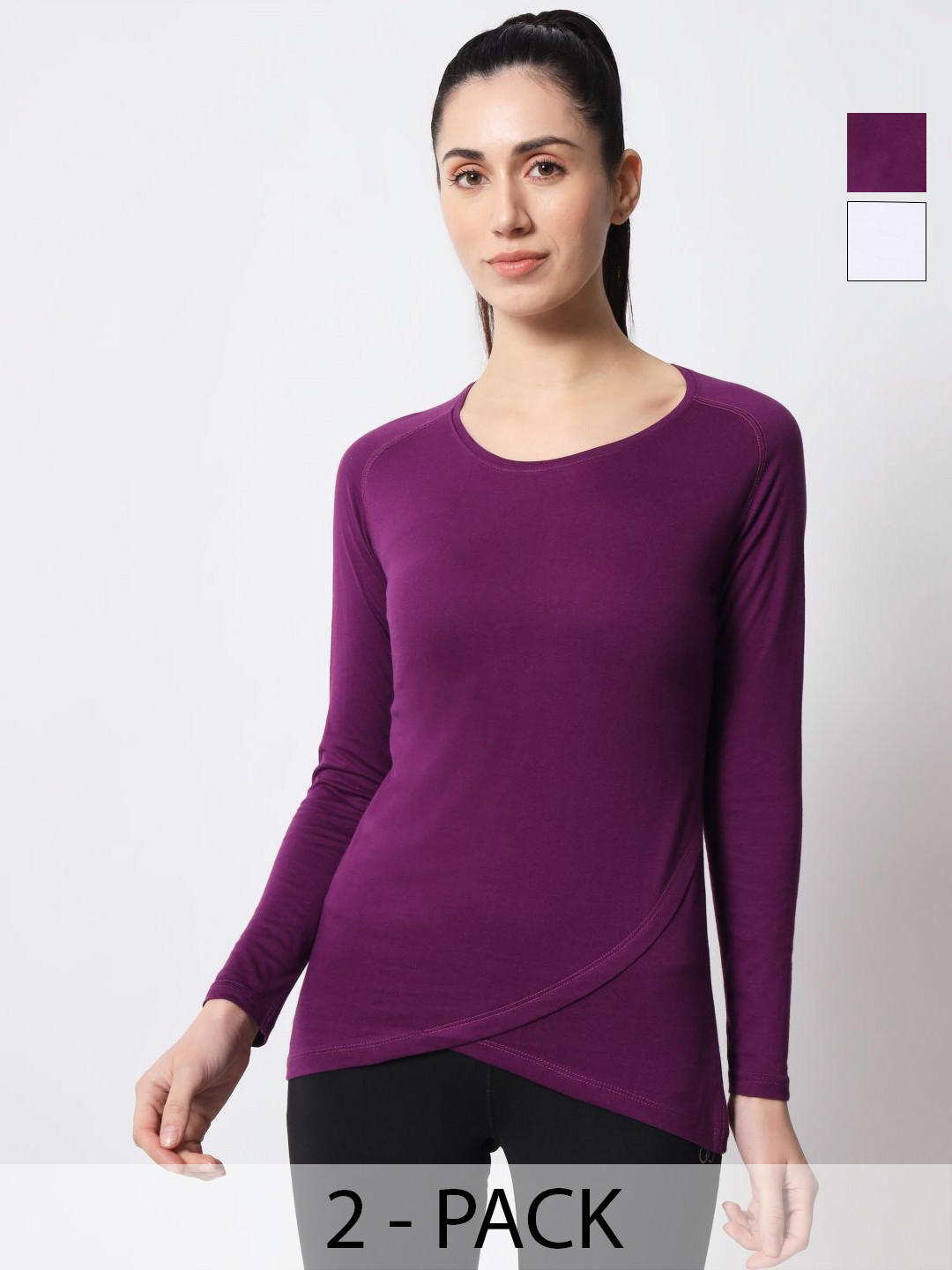 

appulse Women Pack Of 2 Solid Round Neck Cotton Slim Fit T-shirts, Purple