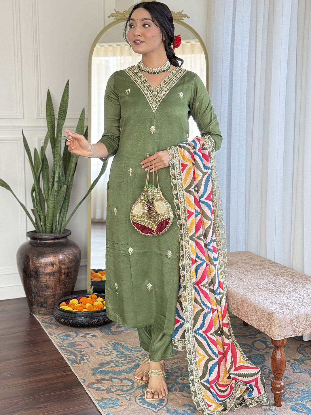 

KALINI Ethnic Motifs Embroidered Chanderi Silk Straight Kurta With Trousers And Dupatta, Green
