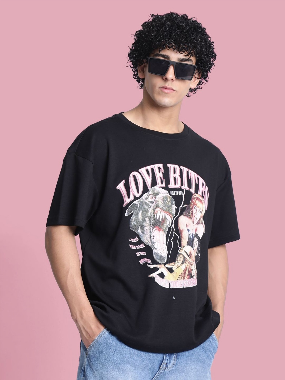 

Bene Kleed Men Graphic Printed Round Neck Cotton Oversized T-shirt, Black