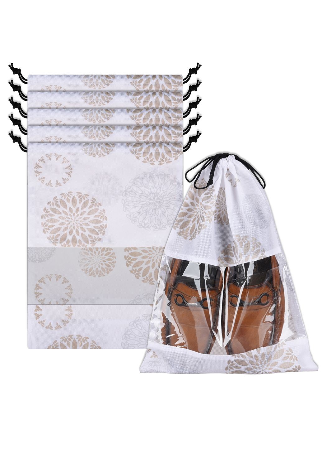 

Kuber Industries White & Beige 6 Pieces Printed Regular Shoe Covers