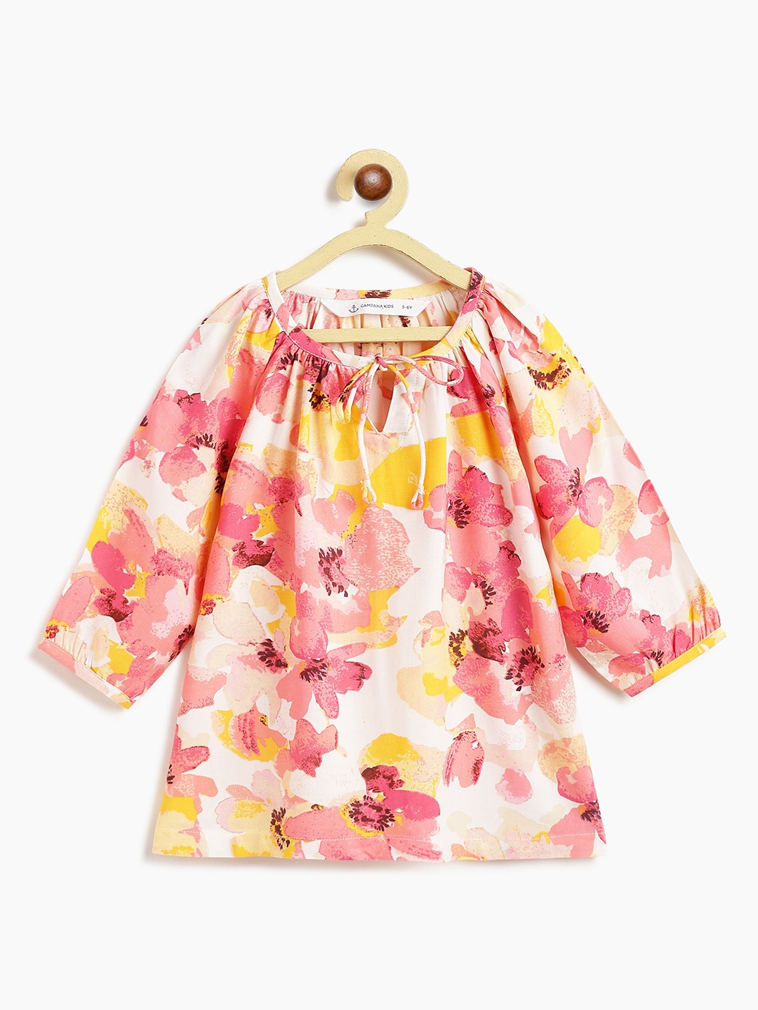 

Campana Girls Floral Printed Tie-Up Neck Top, Pink