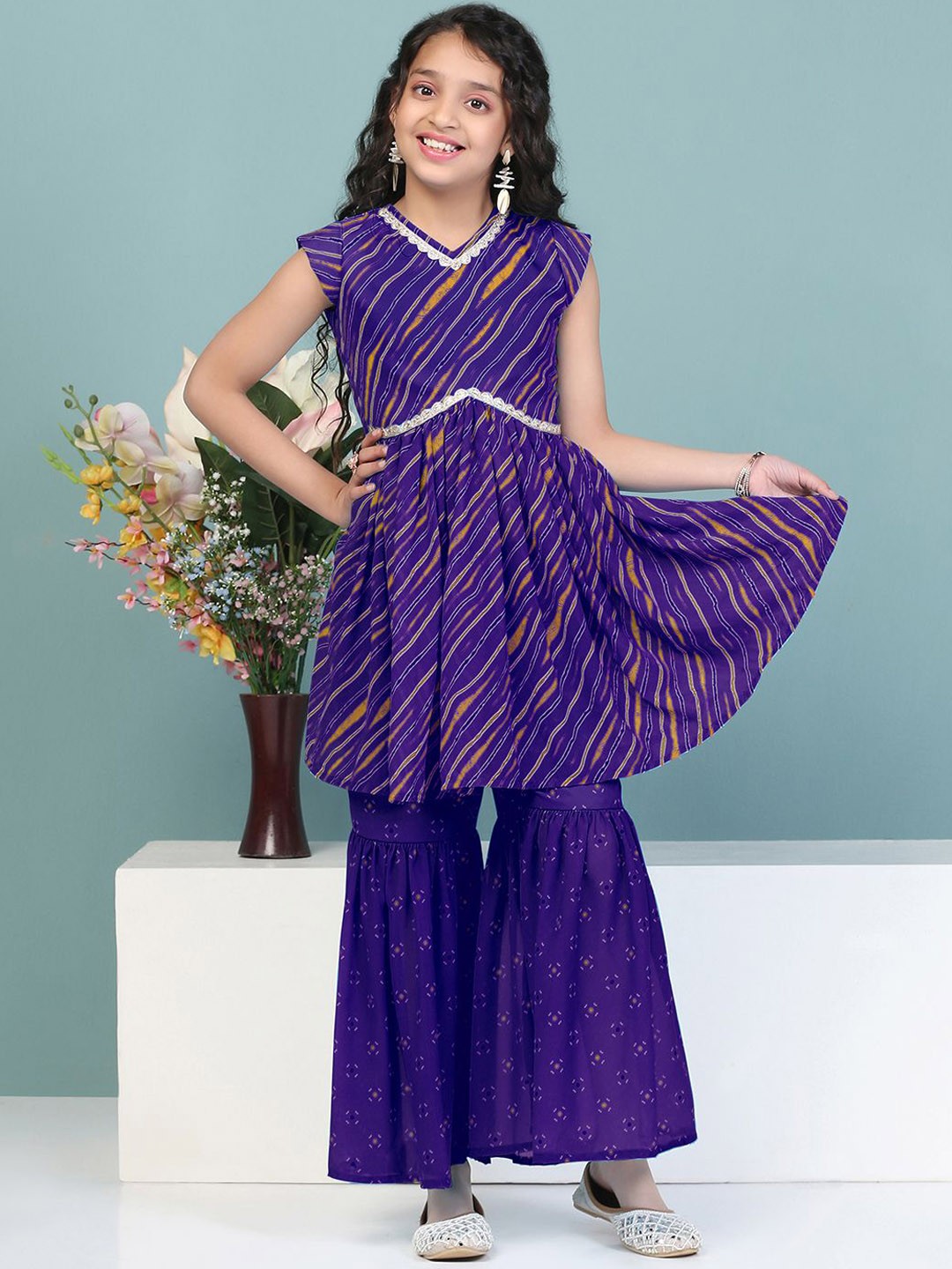 

Sangria Girls Leheriya Printed Peplum Kurta & Sharara, Blue