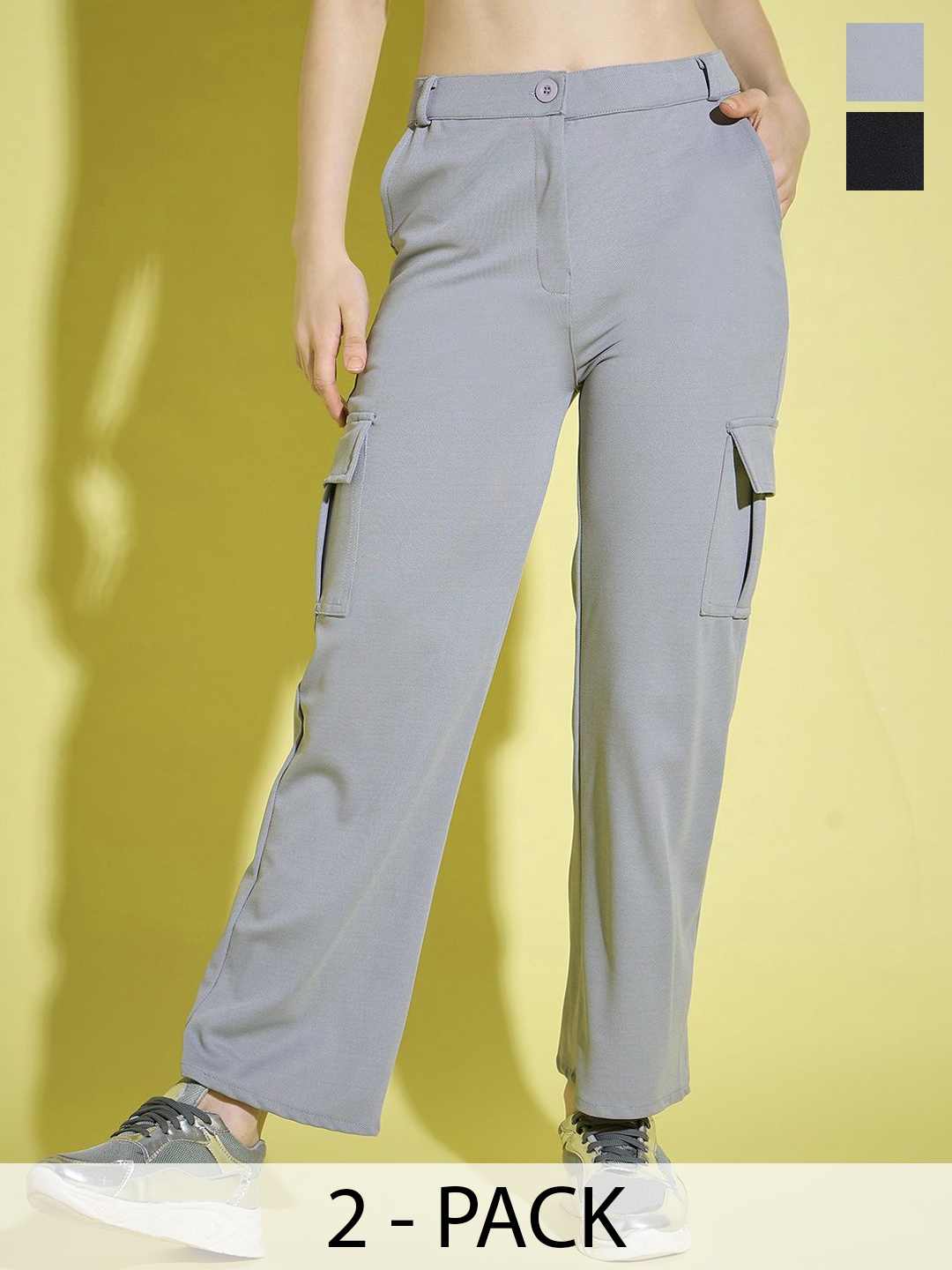 

BUY NEW TREND Women Relaxed High-Rise Cargos Trousers, Black