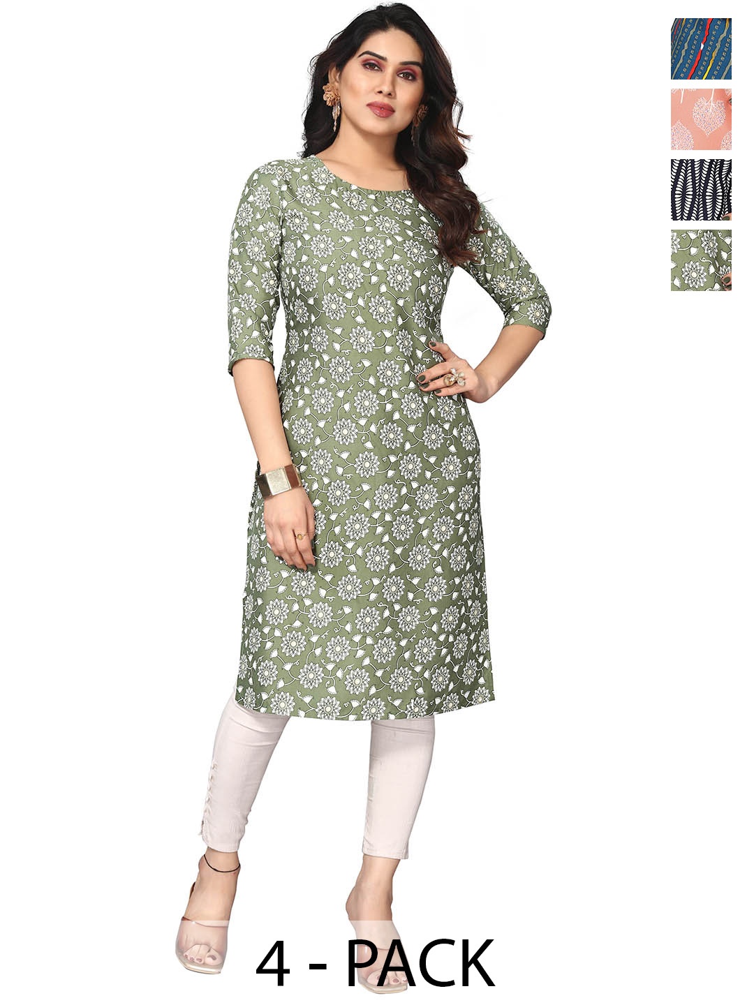 

KETAKI FASHION Selection Of 4 Floral Printed Round Neck Straight Kurtas, Green