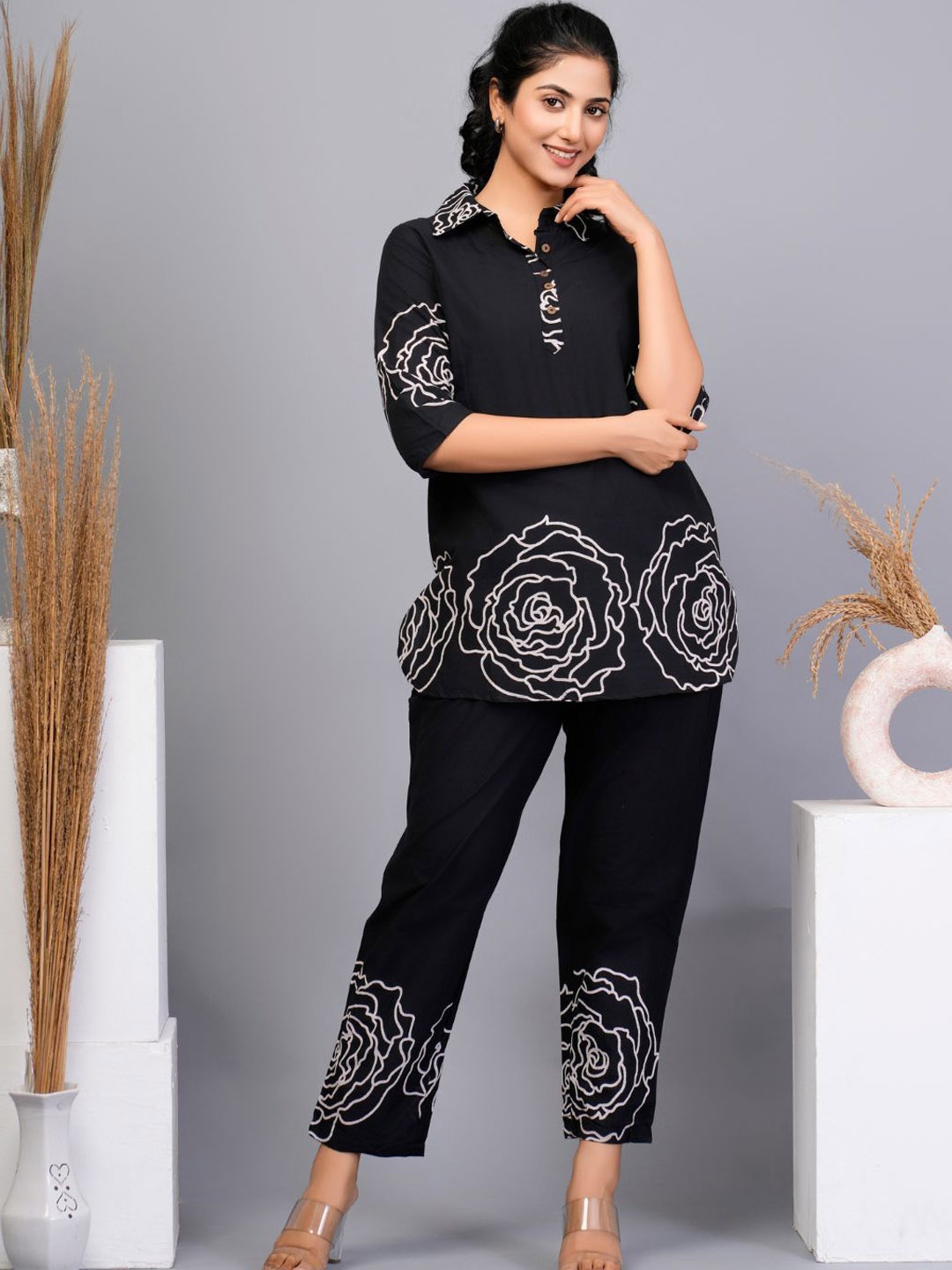 

Kaftanize Floral Printed Shirt Collar Pure Cotton Co-ords Set, Black