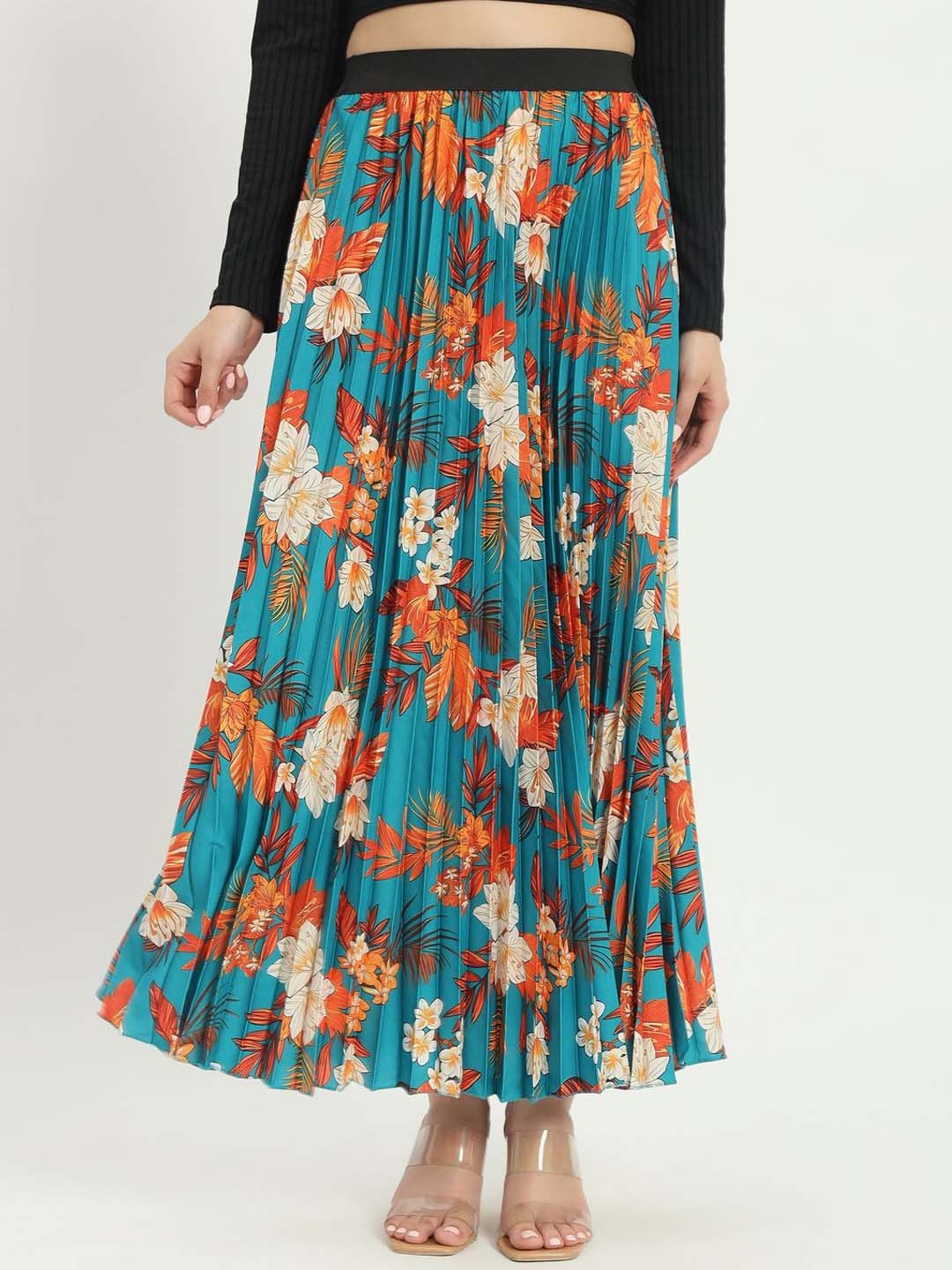 

ZWERLON Floral Printed Pleated A-Line Maxi Skirt, Blue