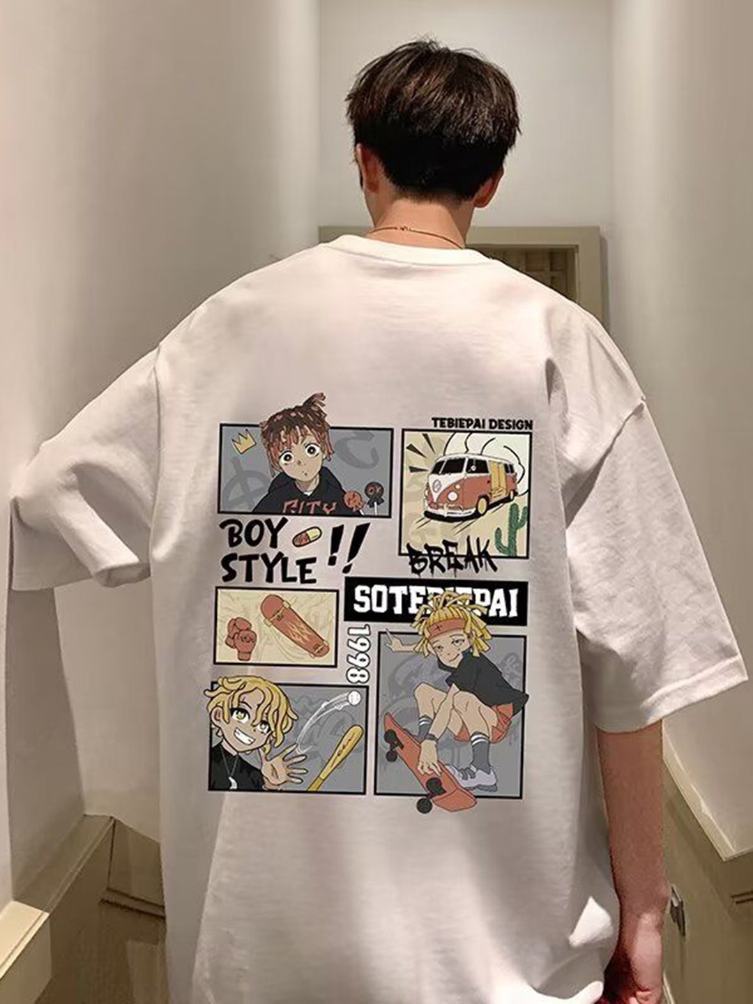

HERE&NOW Men Graphic Printed Round Neck Cotton Oversized T-shirt, White