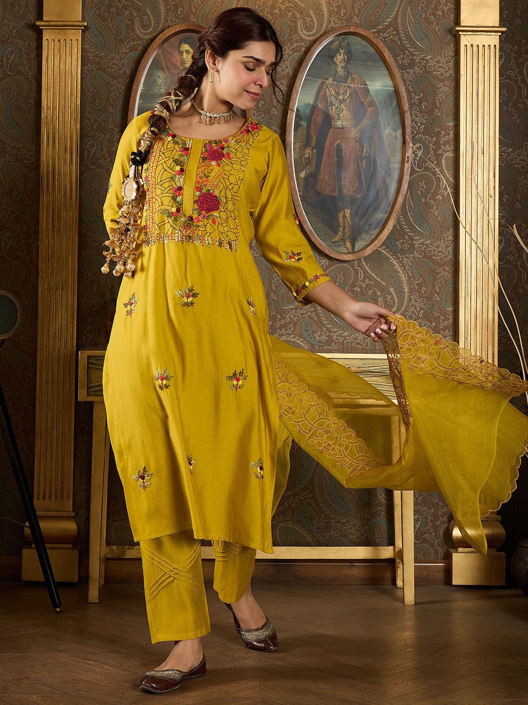 

Indo Era Floral Embroidered Thread Work Straight Kurta With Trousers And Dupatta, Mustard