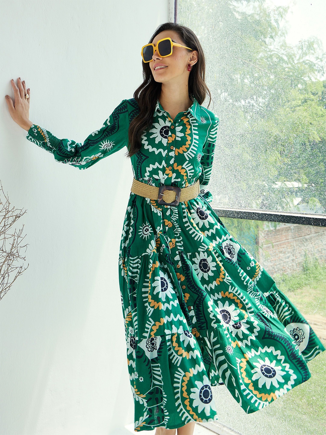 

Pink Paprika by SASSAFRAS Cotton Floral Print Shirt Style Midi Dress Comes with a belt, Green