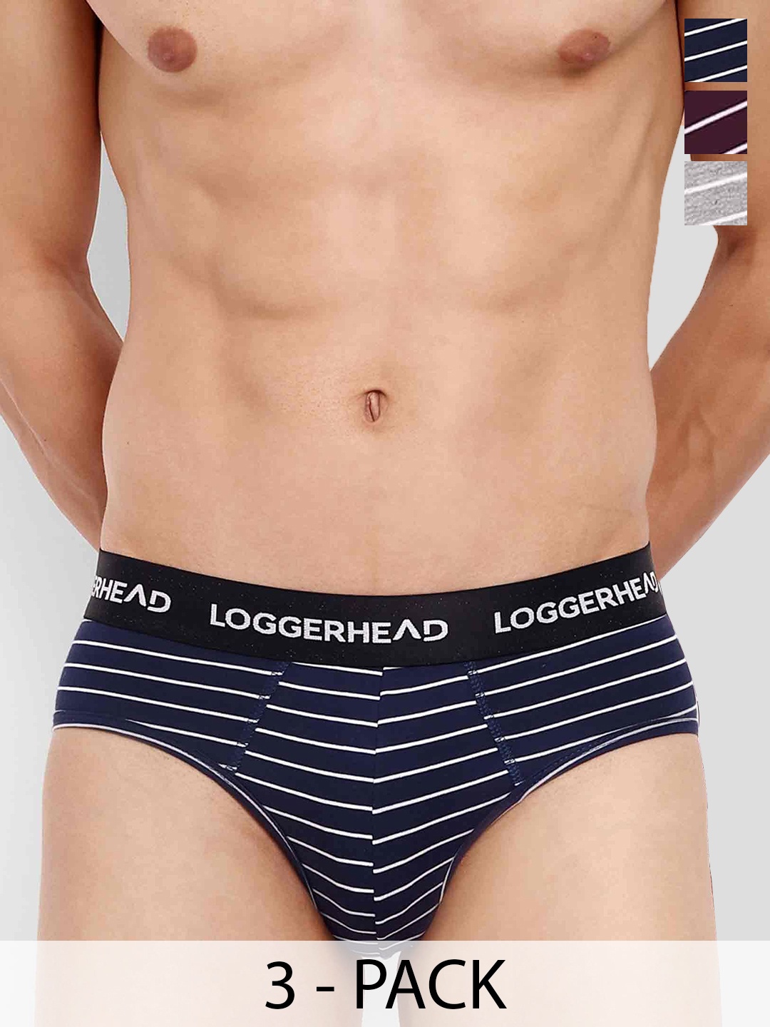 

LOGGERHEAD Pack Of 3 Striped Mid Rise Briefs - LHYB011-NAVY-WINE-GREY-NAVY-WINE-GREY