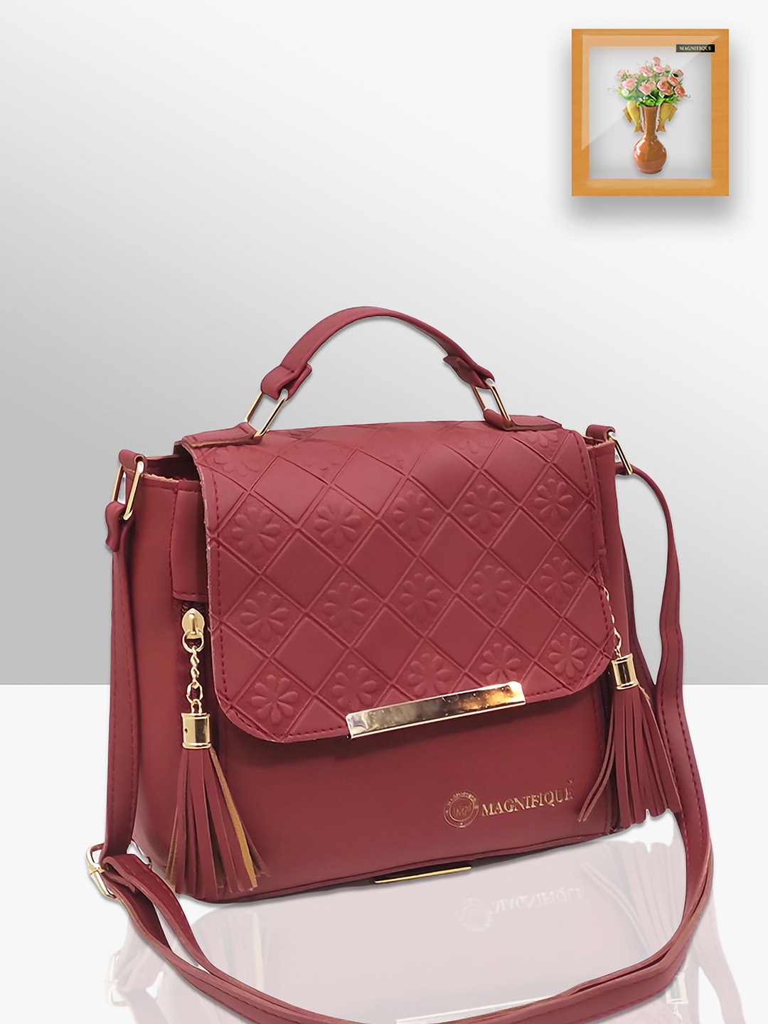 

MAGNIFIQUE Textured PU Sling Bag, Maroon
