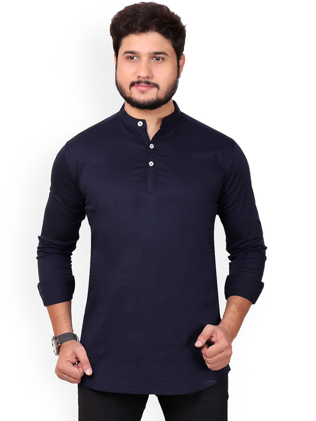 

MADE IN THE SHADE Printed Band Collar Cotton Straight Short Kurta, Navy blue