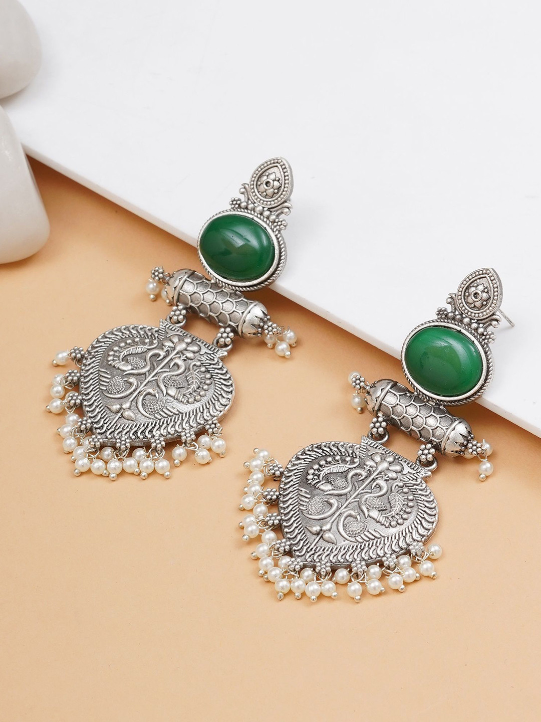 

JEWILLEY Silver-Plated Artificial Stone Studded And Beaded Contemporary Drop Earrings