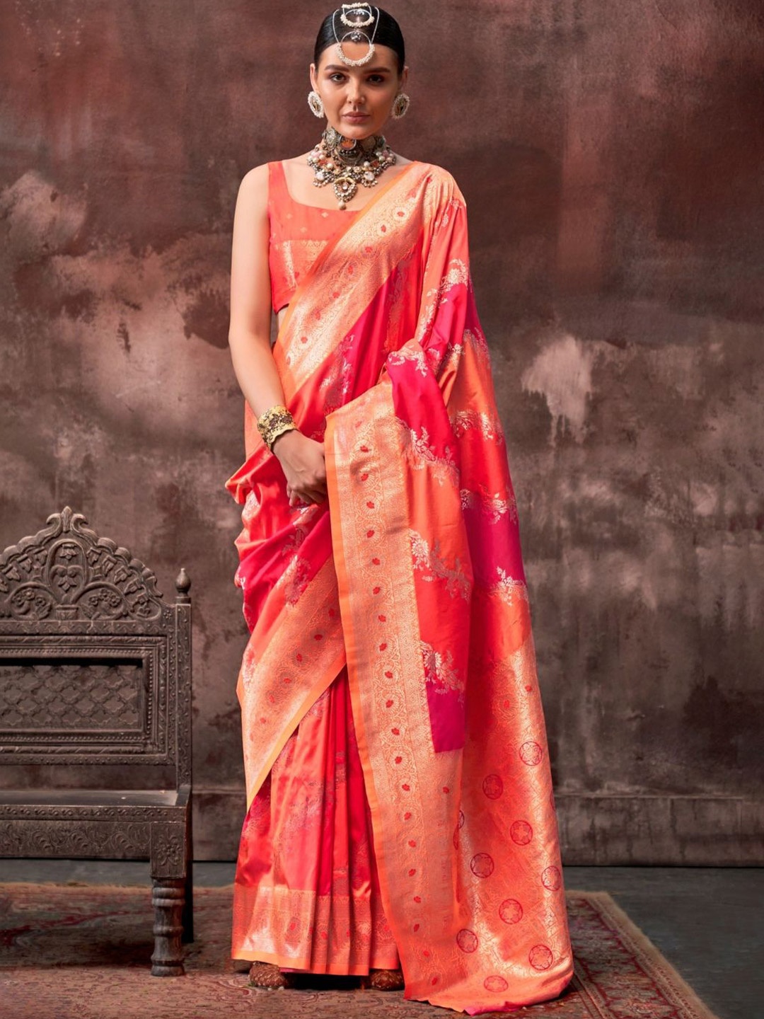 

PEENGAX Woven Design Zari Silk Blend Banarasi Saree, Orange
