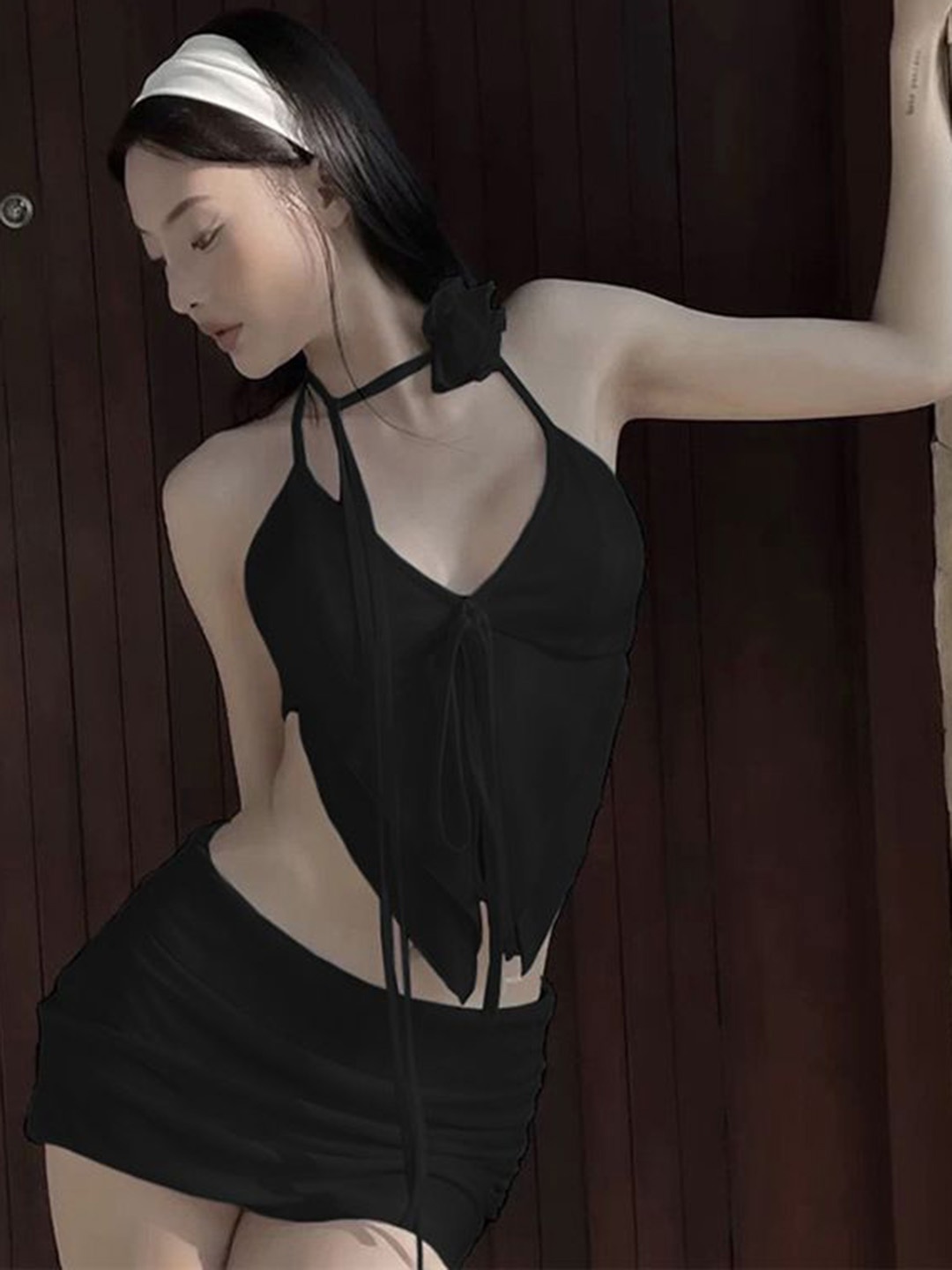 

StyleCast Halter Neck Sleeveless Crop Top And Mini Skirt, Black