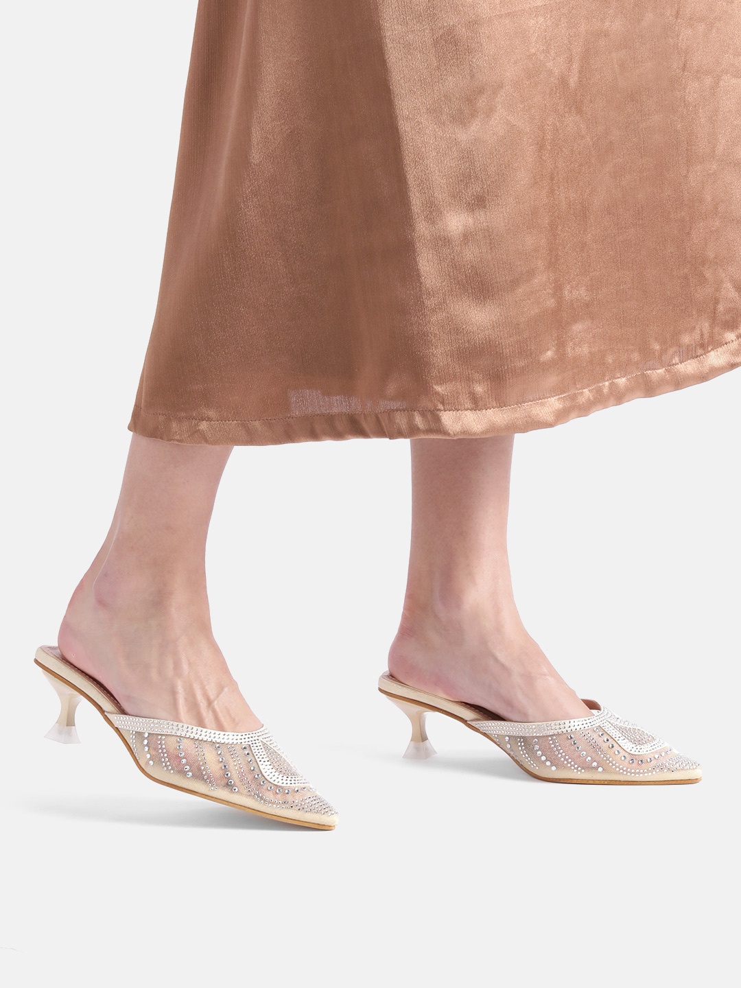 

AXIUM Embellished Ethnic Kitten Mules, Cream