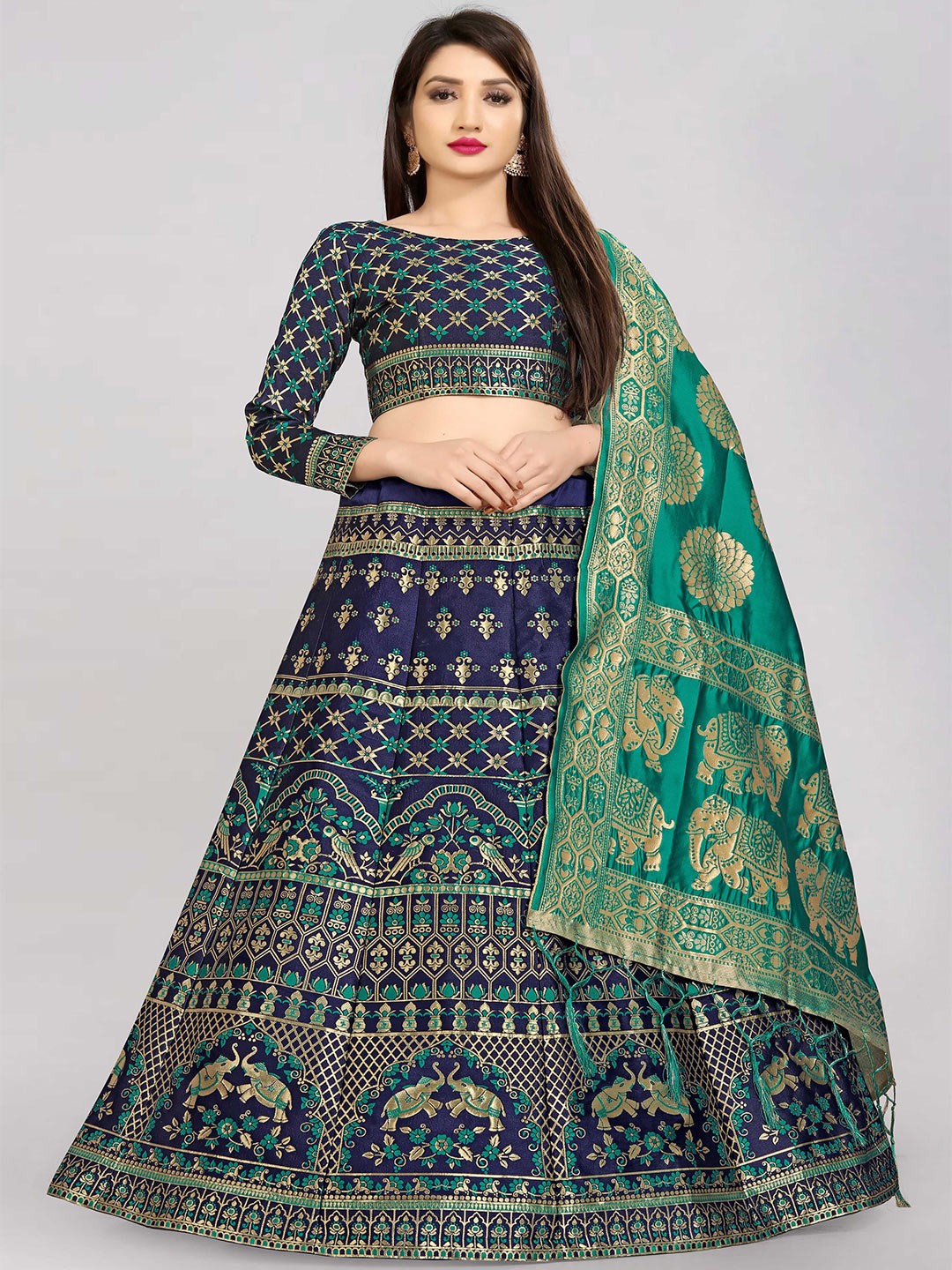 

DIVASTRI Woven Design Jacquard Semi-Stitched Lehenga Choli With Banarasi Dupatta, Navy blue