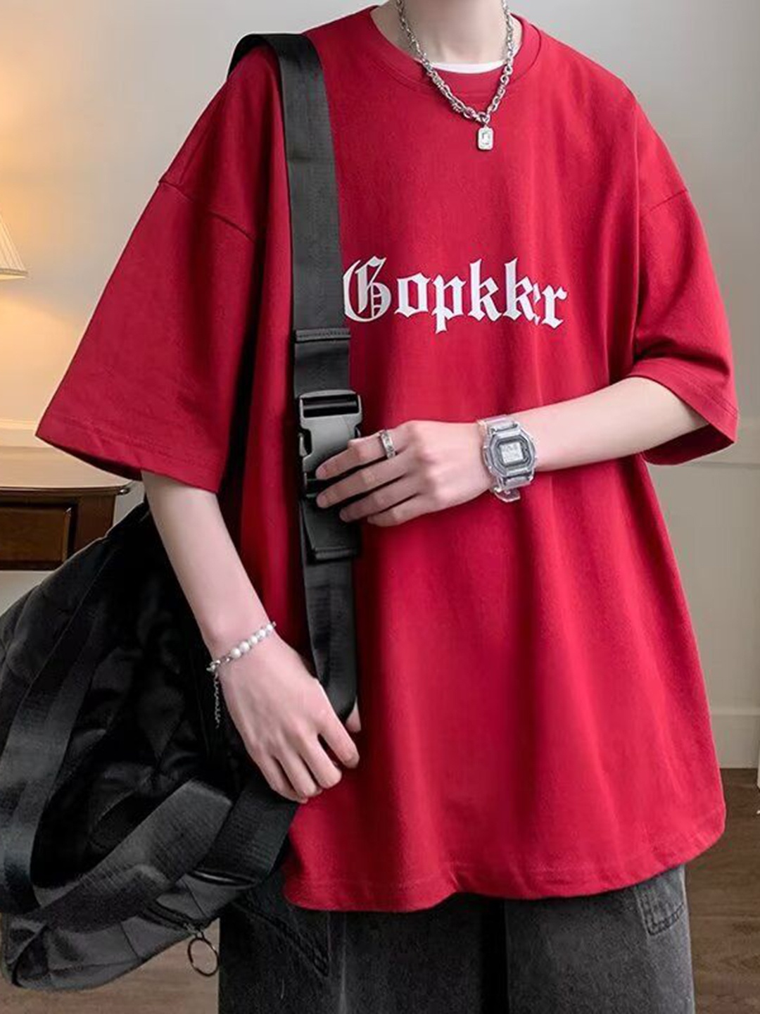 

HERE&NOW Men Graphic Printed Round Neck Cotton Oversized T-shirt, Red