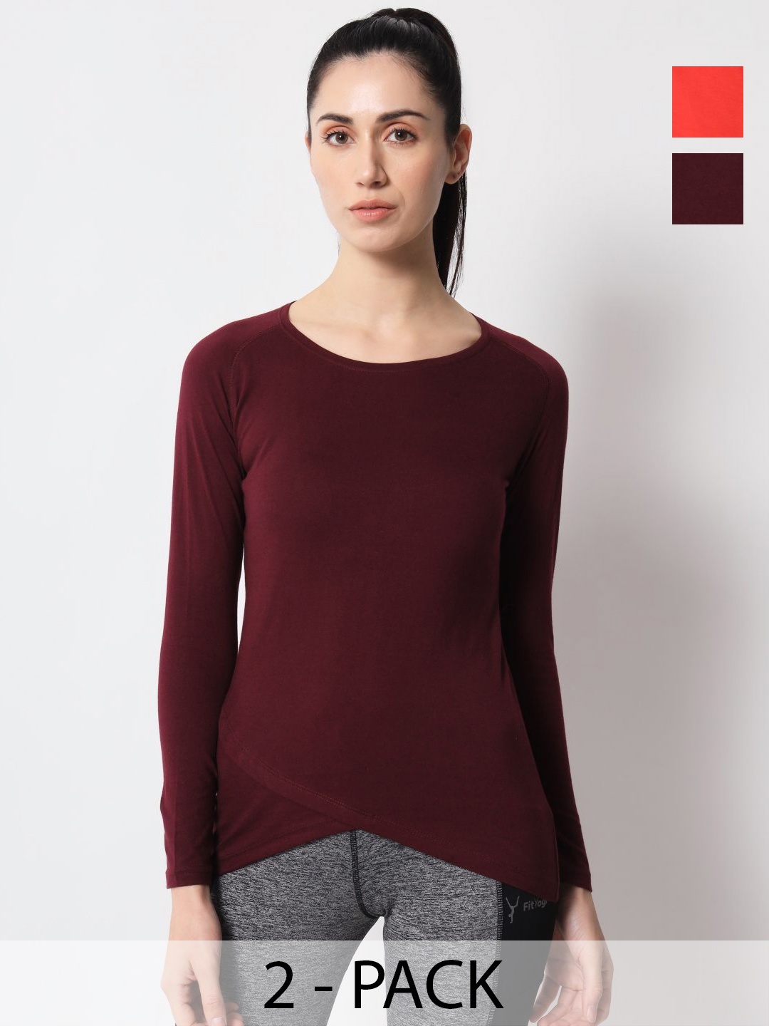 

appulse Women Pack Of 2 Solid Round Neck Cotton Slim Fit T-shirts, Burgundy