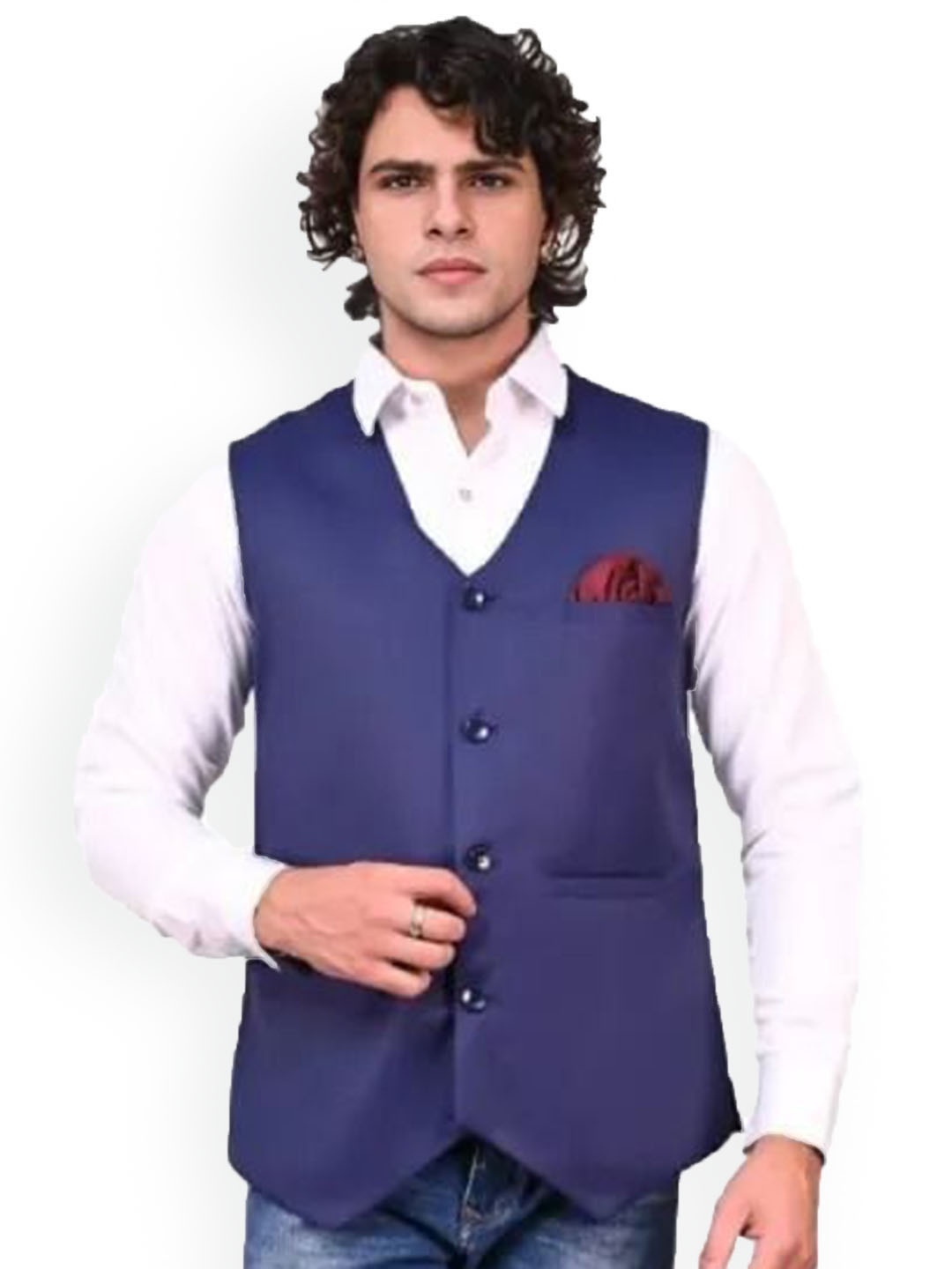 

Eliq V-Neck Single-Breasted Velvet Waistcoat With Pocket Square, Navy blue
