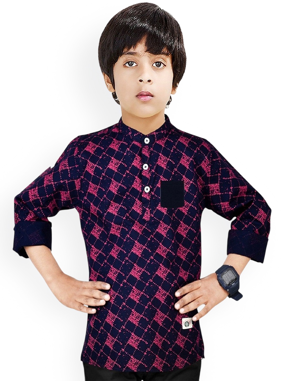 

MADE IN THE SHADE Boys Geometric Printed Band Collar Pure Cotton Short Kurta, Navy blue