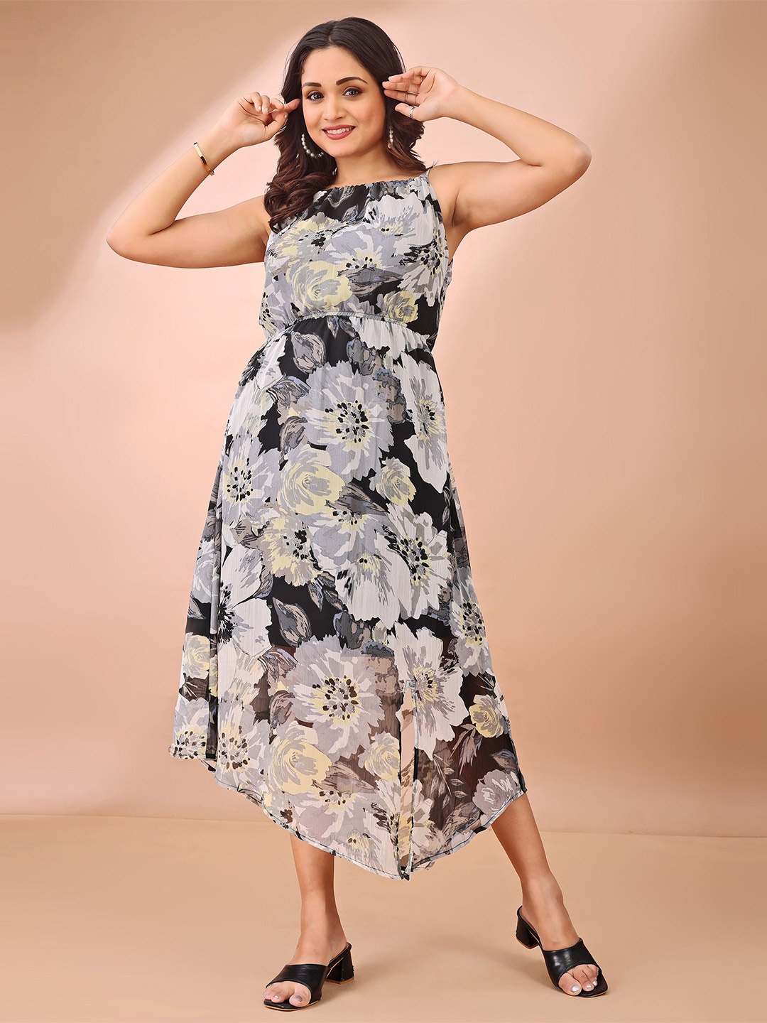 

DressBerry Women Floral Printed Sleeveless Fit & Flare Midi Dress, Black