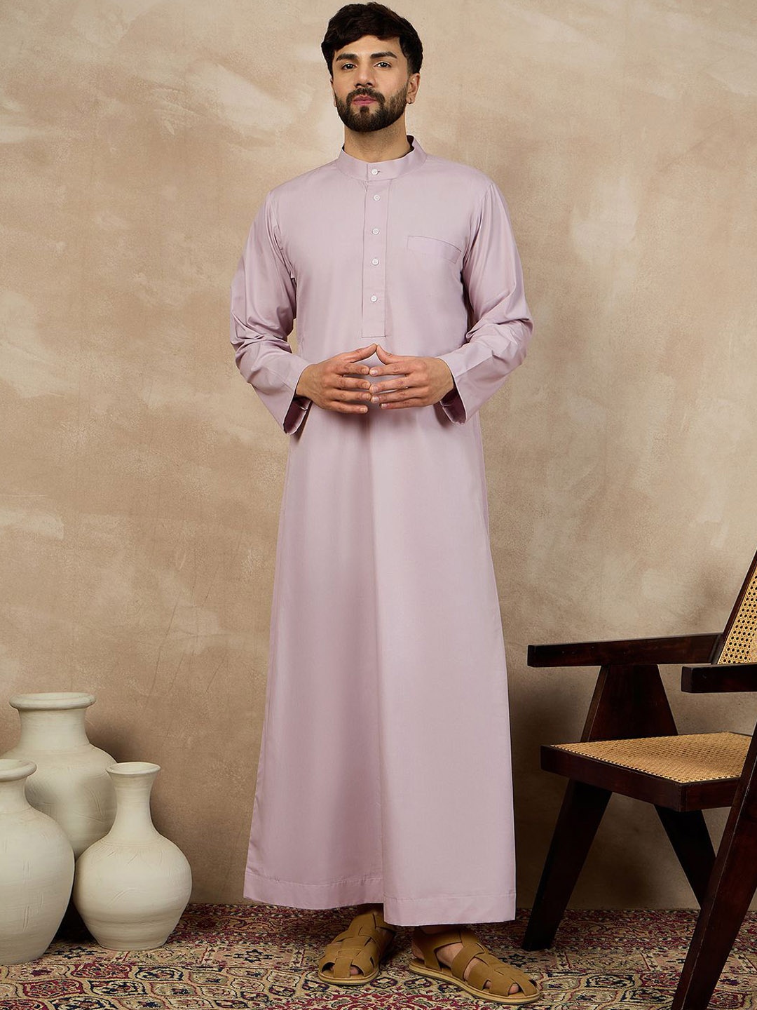 

NABIA Band Collar Pure Cotton Long Kurta, Lavender