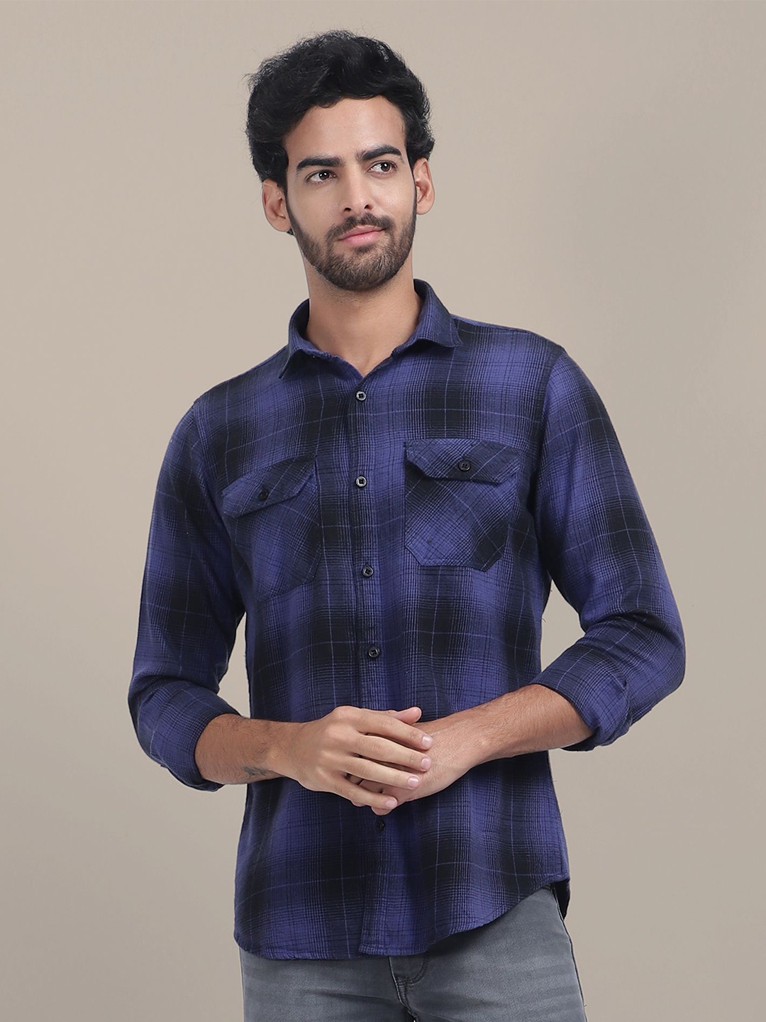 

AMSWAN Men Spread Collar Checked Cotton Casual Shirt, Blue