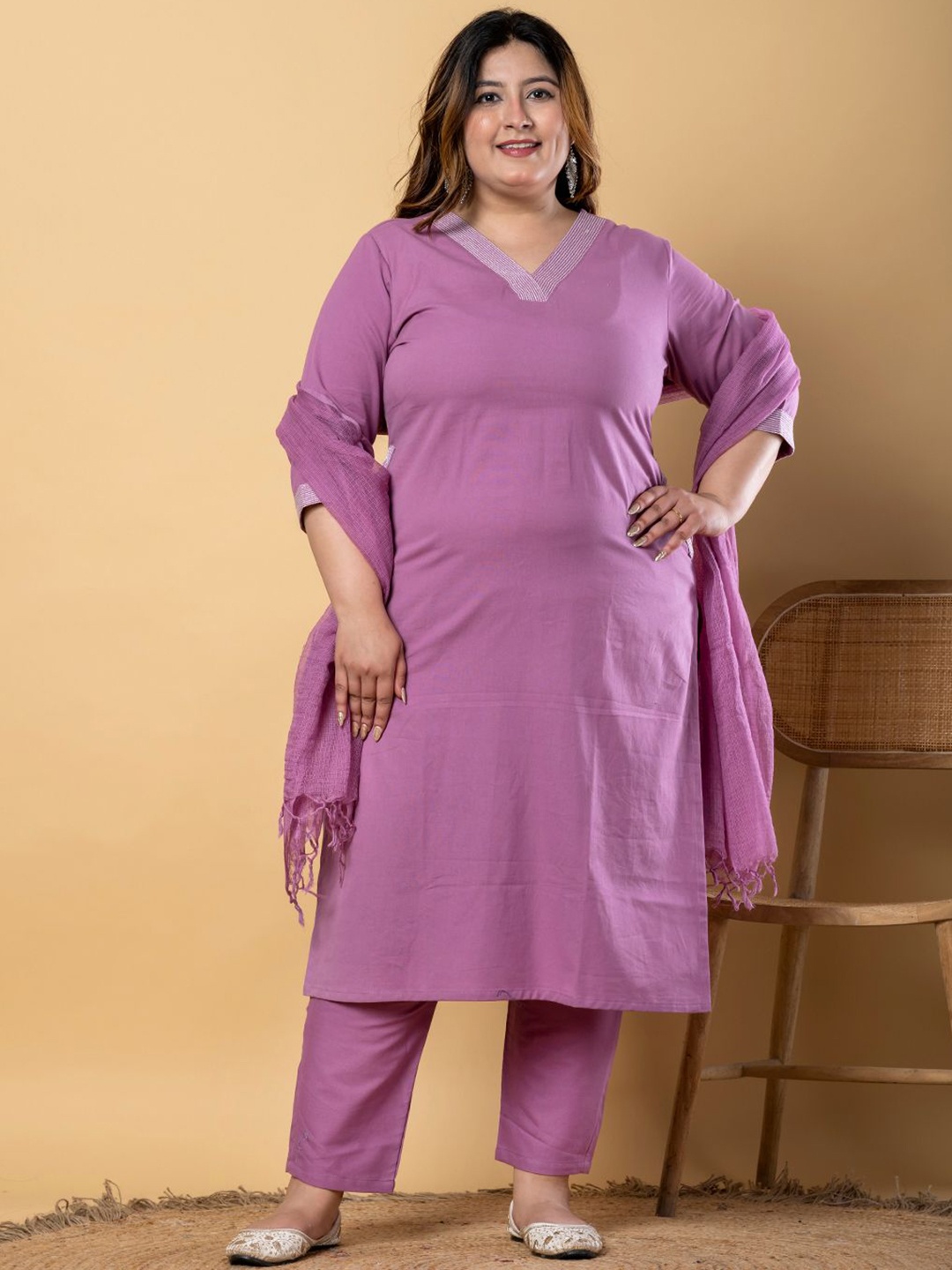 

Readiprint Plus Yoke Design V-Neck Pure Cotton Kurta With Trousers And Dupatta, Purple