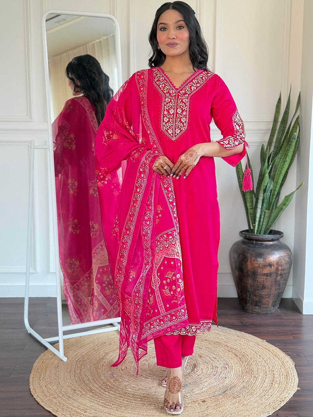 

KALINI Floral Yoke Design Chanderi Silk V-Neck Straight Kurta With Trousers And Dupatta, Pink