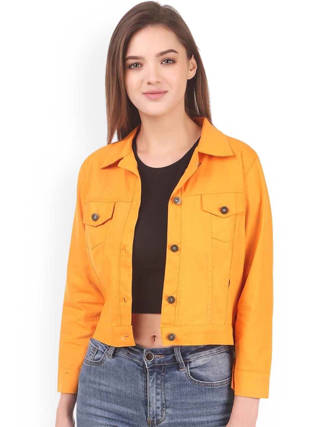 

KASHIAN Women Spread Collar Solid Casual Denim Jacket, Mustard
