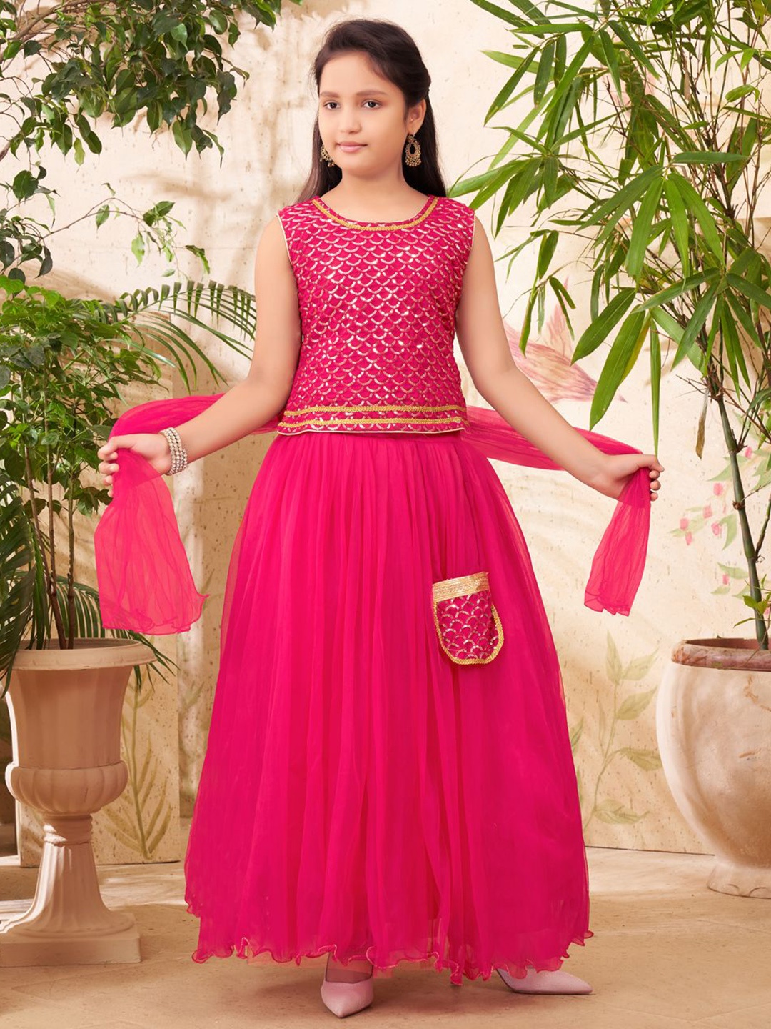 

Aarika Girls Embellished Sequinned Net Ready to Wear Lehenga & Blouse With Dupatta, Pink