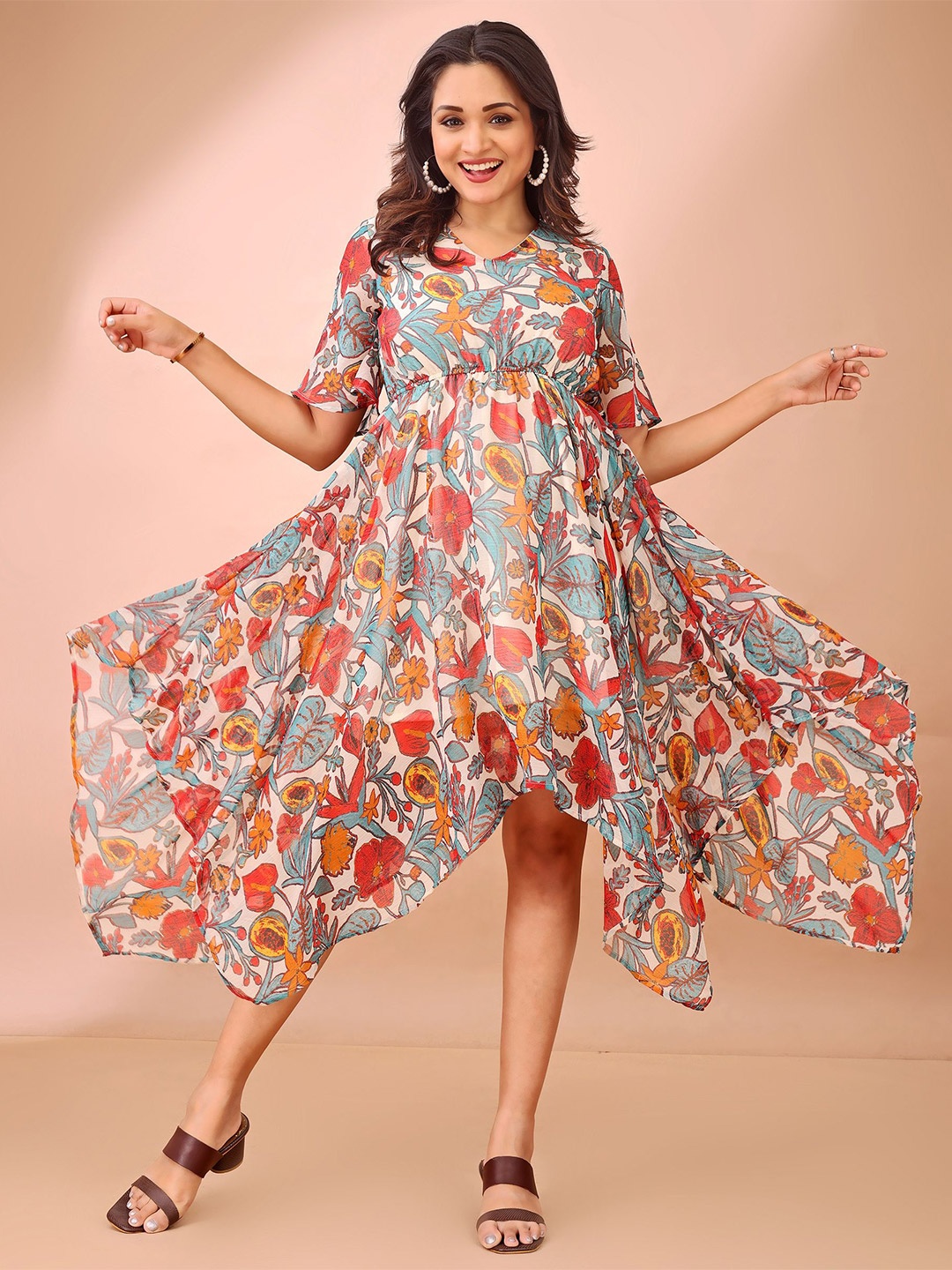 

DressBerry Floral Print Flared Sleeves Asymmetric Hem Fit & Flare Dress, White
