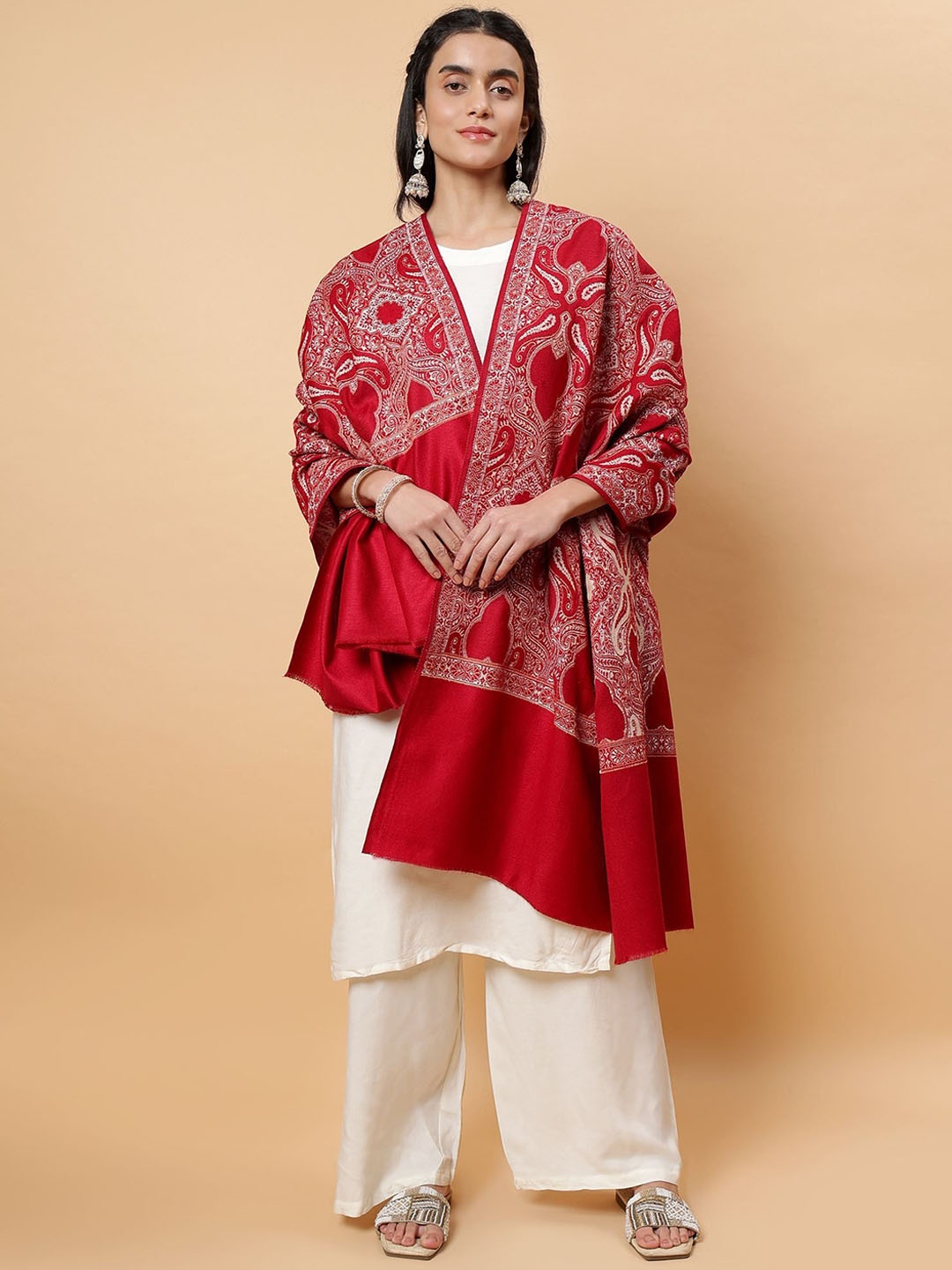 

Moda Chales Ethnic Motifs Woven Design Woollen Shawl, Red