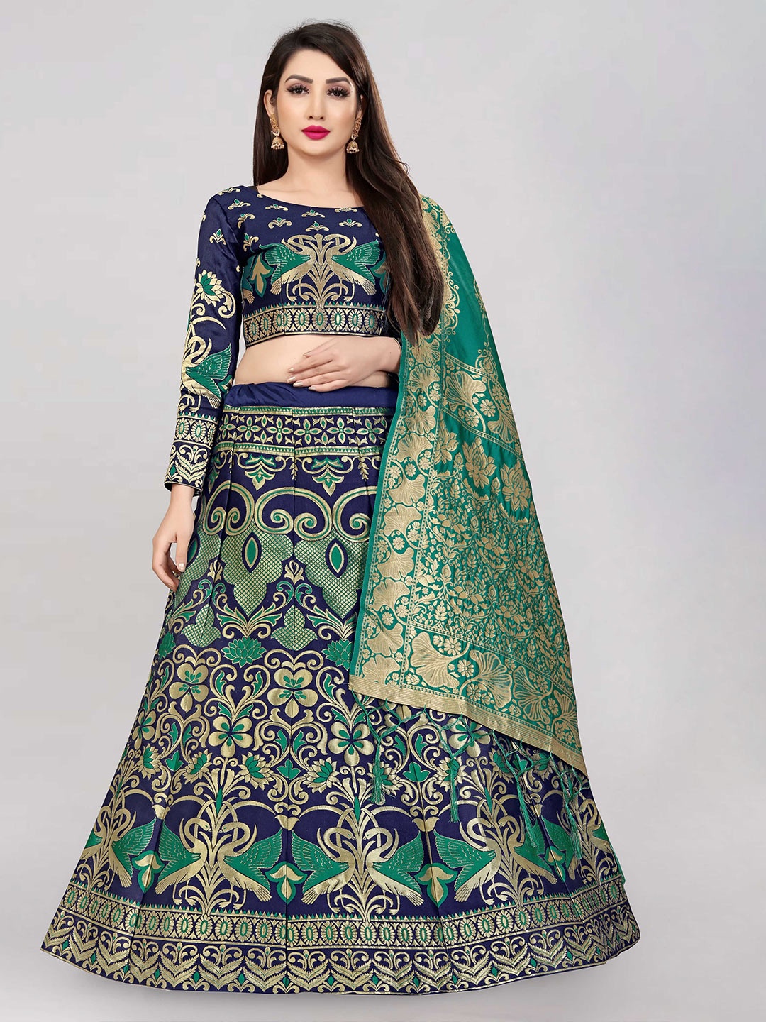 

DIVASTRI Woven Design Zari Printed Semi-Stitched Lehenga & Unstitched Blouse With Dupatta, Green