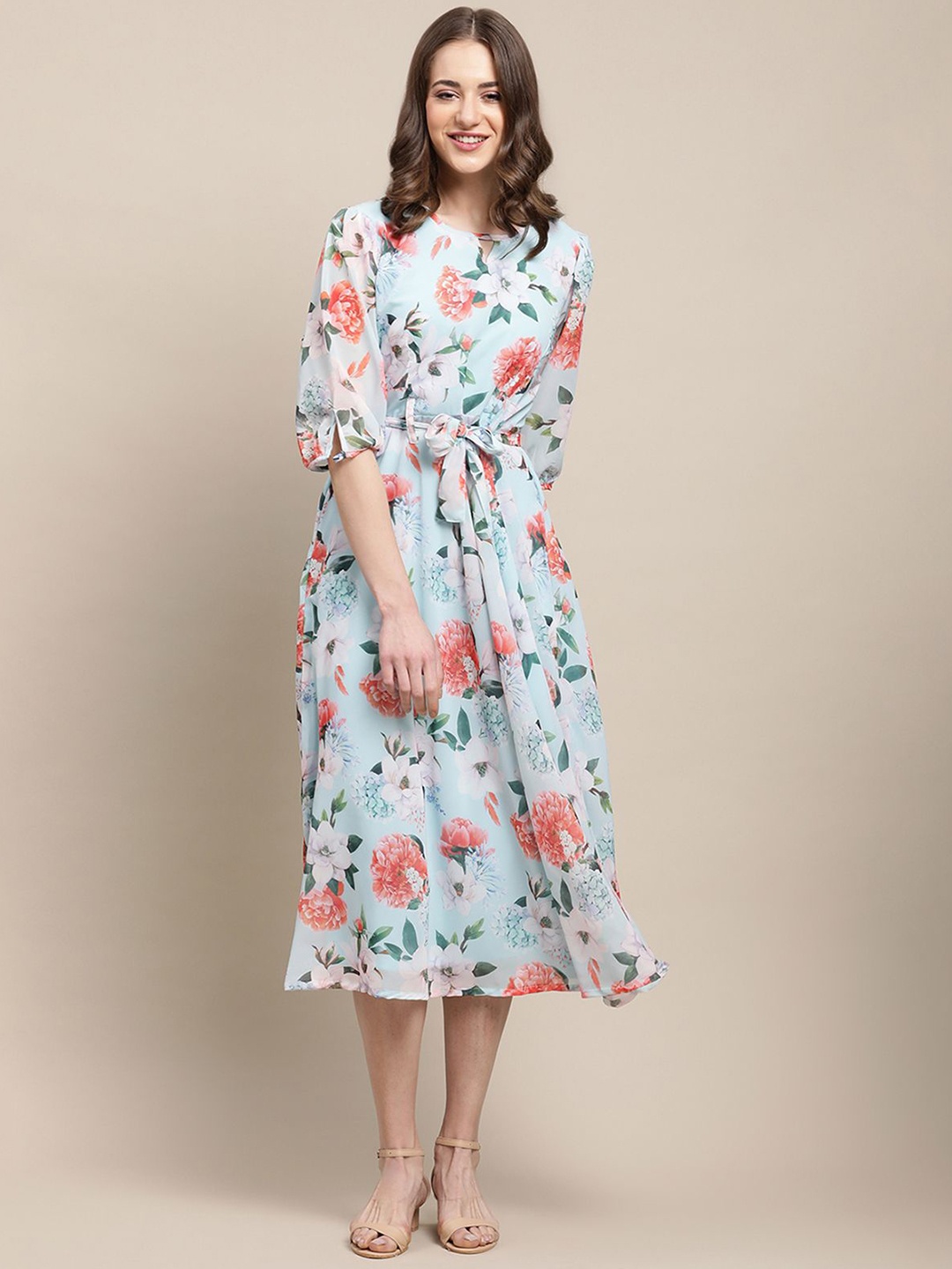 

Metronaut Women Floral Printed Puff Sleeves Puff Sleeve Fit & Flare Midi Dress, Sea green