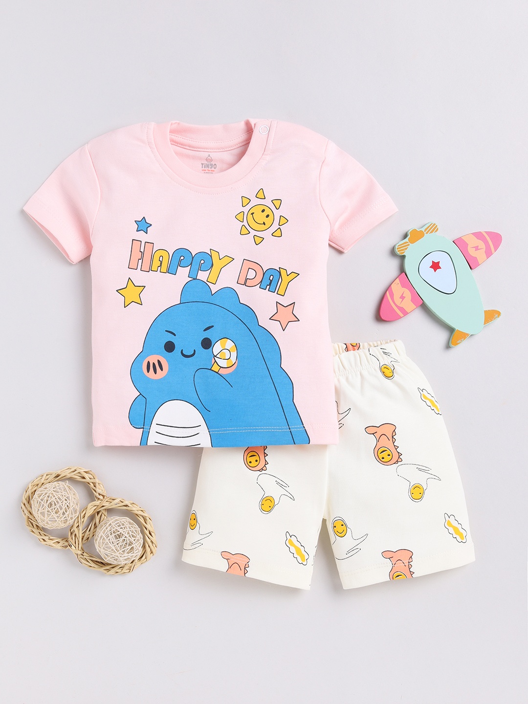 

YK X Tinyo Boys Pure Cotton Printed T-Shirt with Shorts, Pink
