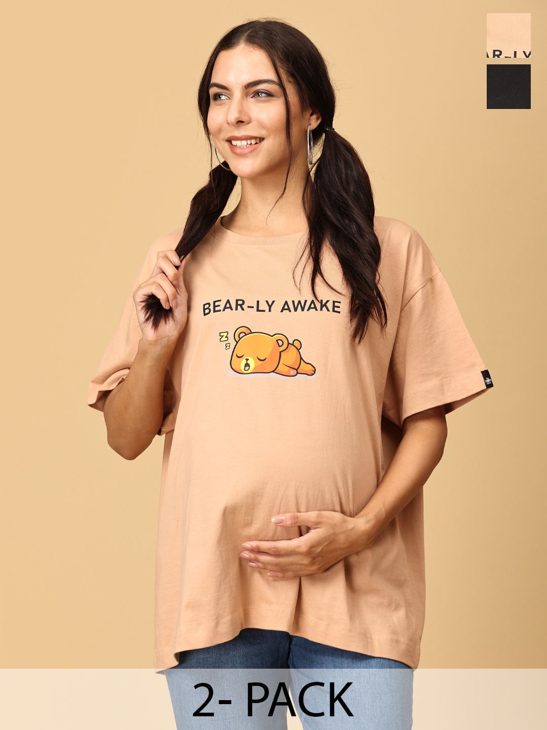 

The Mom Store Women Pack Of 2 Typography Printed Oversized Cotton Maternity T-shirt, Black