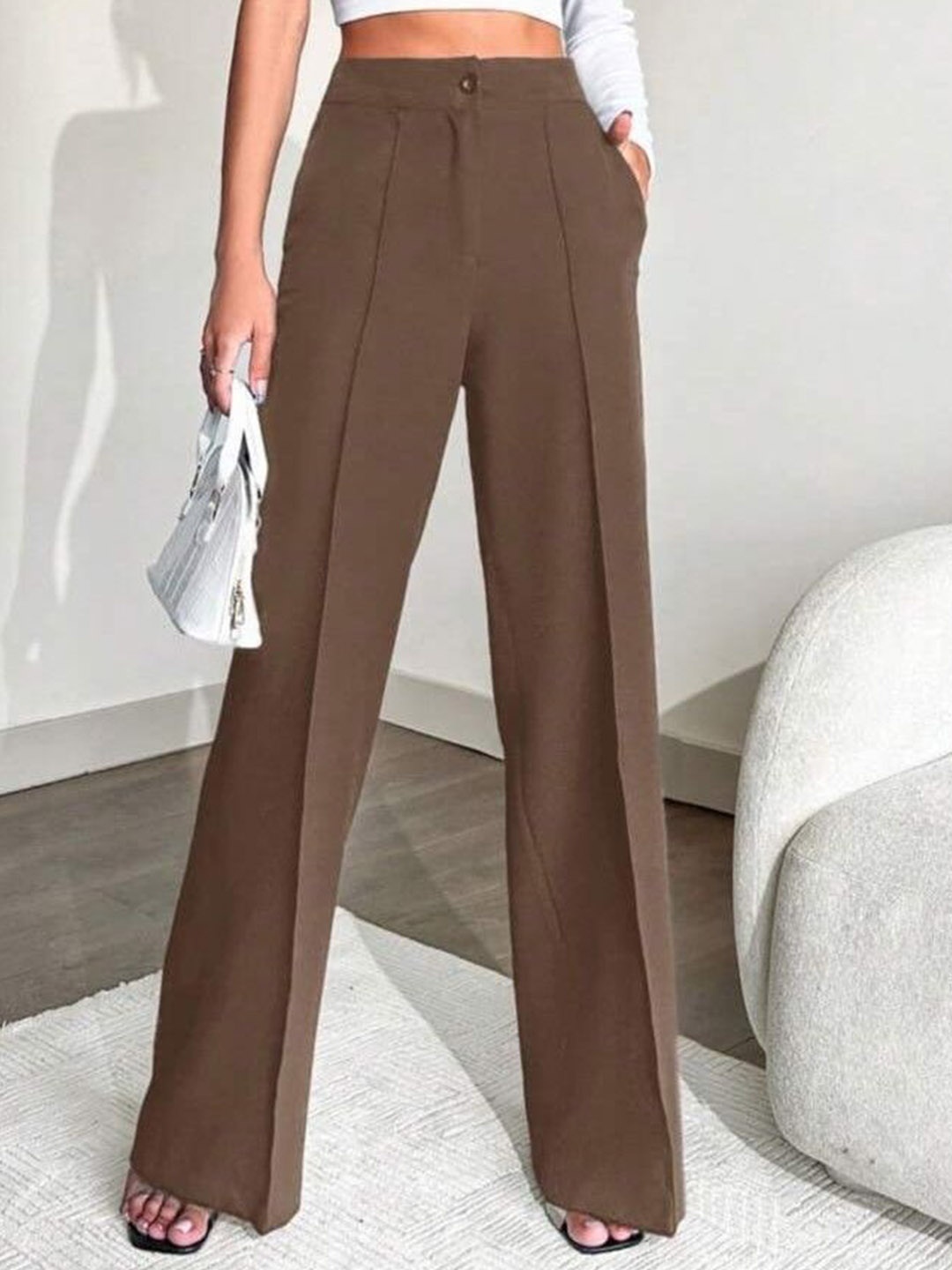 

BROADSTAR Women Smart Straight Fit High-Rise Easy Wash Pleated Trousers, Brown