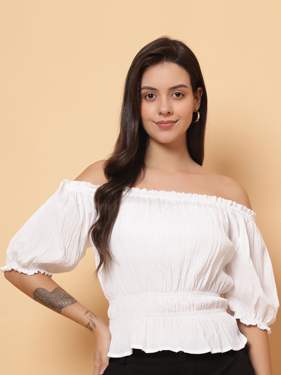 

ROSEMELON Off-Shoulder Puff Sleeve Crepe Bardot Crop Top, White