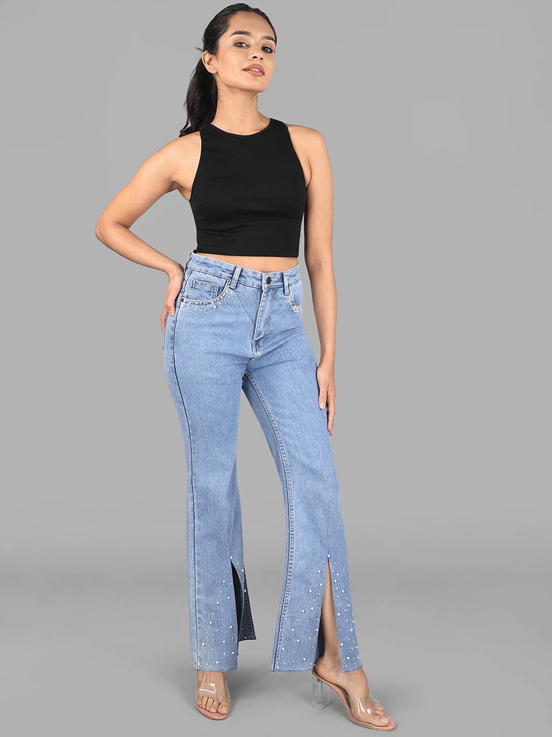 

Wear Your Words Women High Rise Embellished Boot Cut Flared Jeans - Iris Pearl, Blue