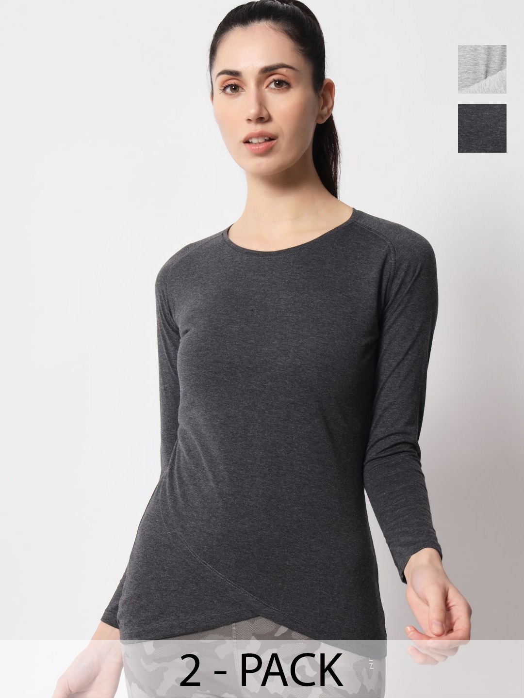 

appulse Women Pack Of 2 Solid Round Neck Cotton Slim Fit T-shirts, Charcoal