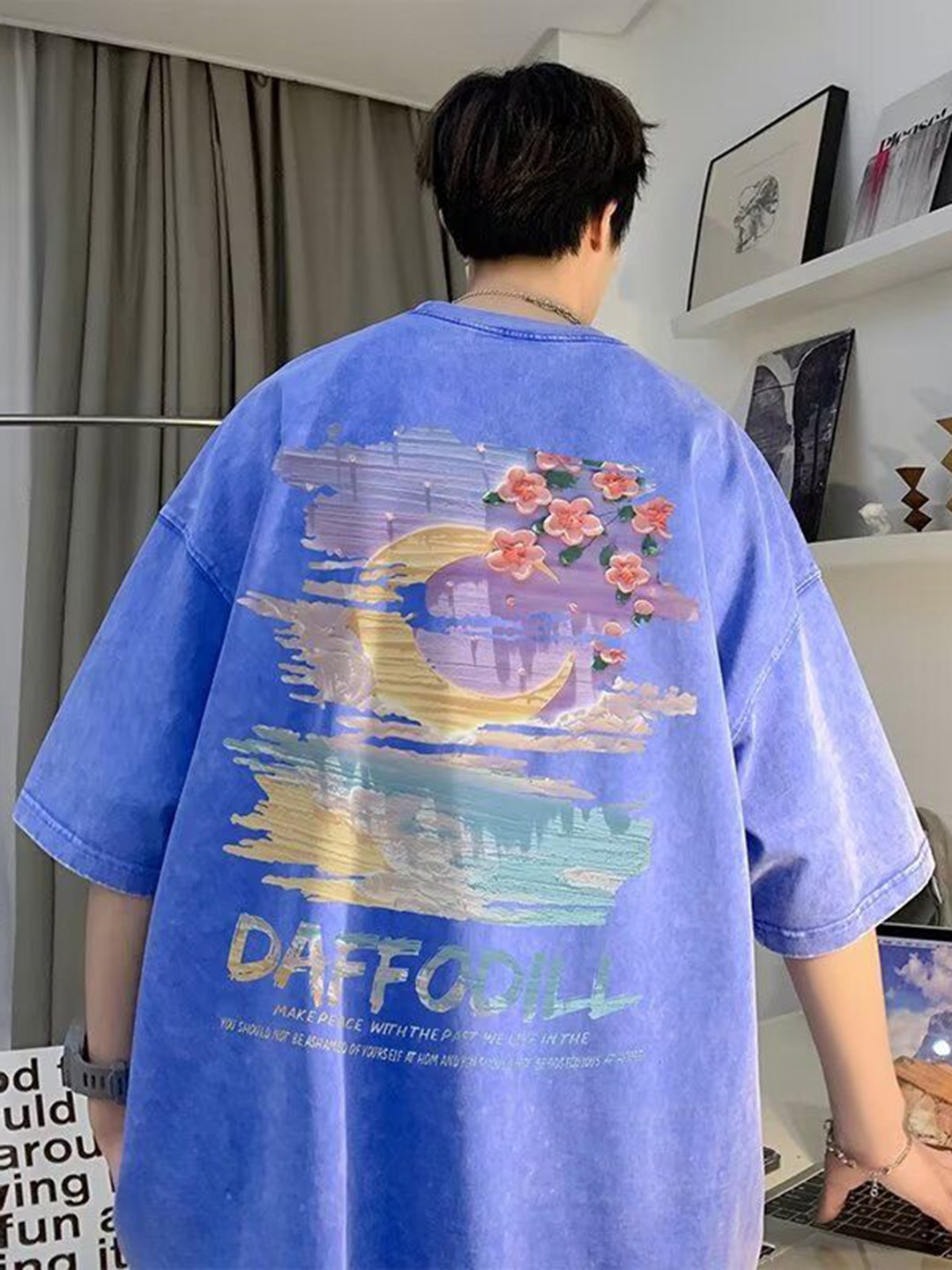 

HERE&NOW Men Graphic Printed Round Neck Cotton Oversized T-shirt, Blue