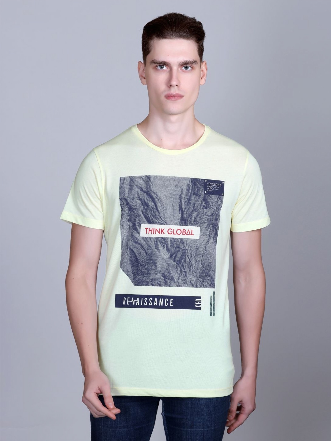 

CONFIDENCE Men Graphic Printed Round Neck Cotton Slim Fit T-shirt, Lime green