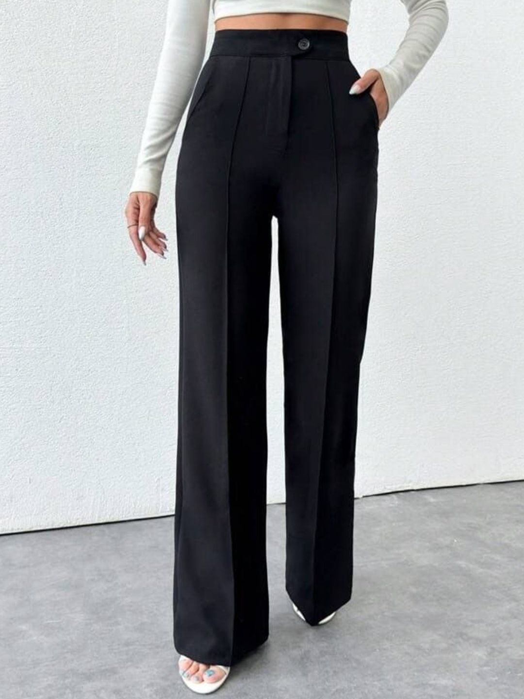 

BROADSTAR Women Smart Straight Fit High-Rise Easy Wash Pleated Trousers, Black