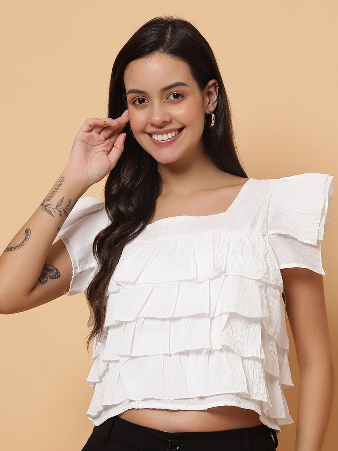

ROSEMELON Women Textured Square Neck Tiered Top, White