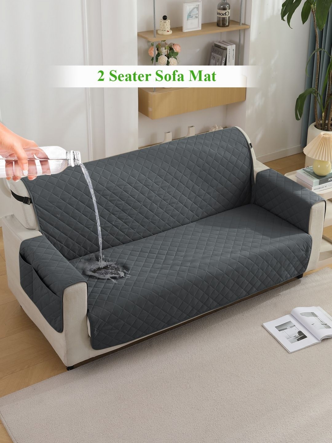 

HOKIPO Grey Quilted Two Seater Sofa Seat Mat With Armrest Covers