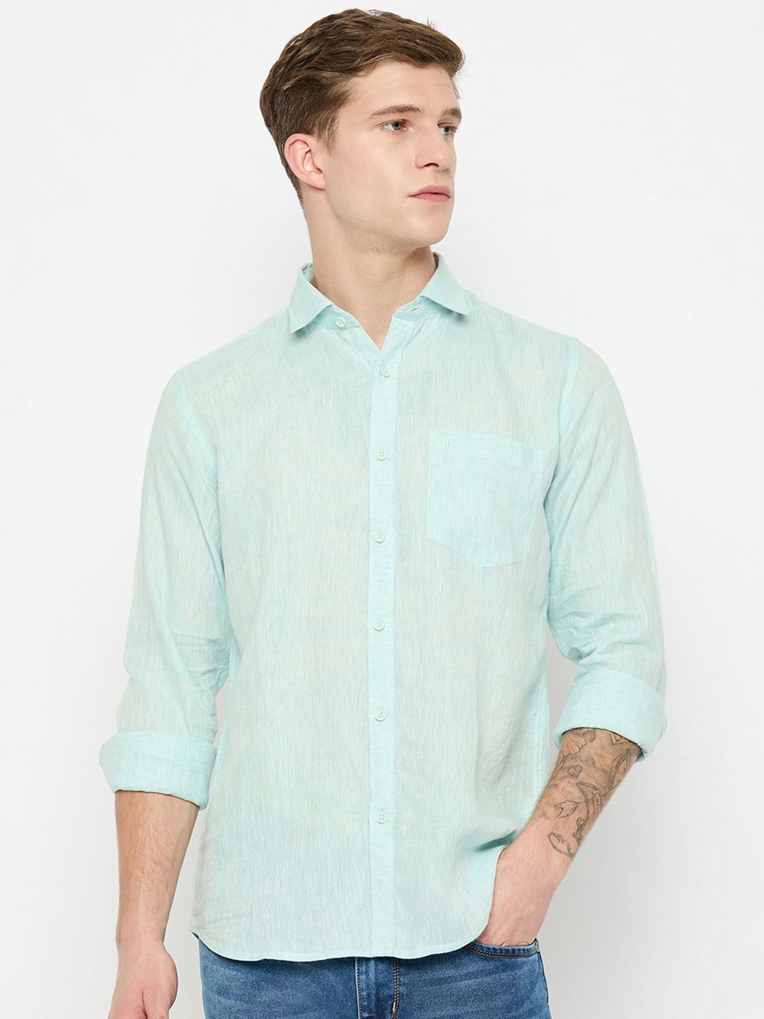 

Duke Men Slim Fit Spread Collar Textured Cotton Casual Shirt, Green