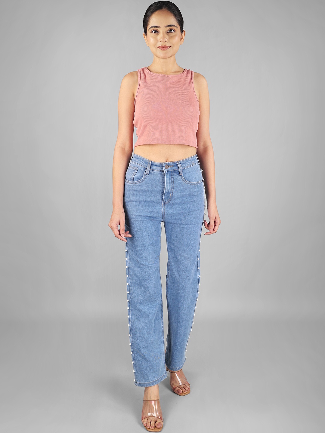 

Wear Your Words Women Pearl Studded Wide Leg Jeans - Ice Blue