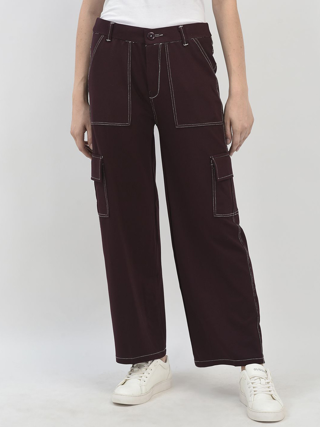 

FNOCKS Women Ultra Straight Fit Cargos Trousers, Burgundy